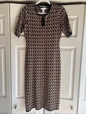 London Times Black and Tan Geometric Midi Dress